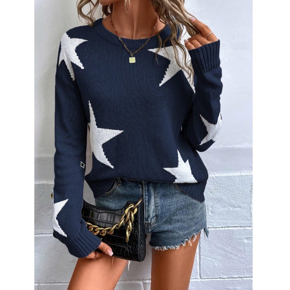 Star Print Navy Blue Knit Sweater Pullover Long Sleeve Crew Neck